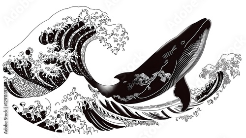 Obraz na płótnie Dramatic ink drawn showcasing a majestic whale breaching the surface of the powerful textured ocean waves in a striking monochrome style w salonie
