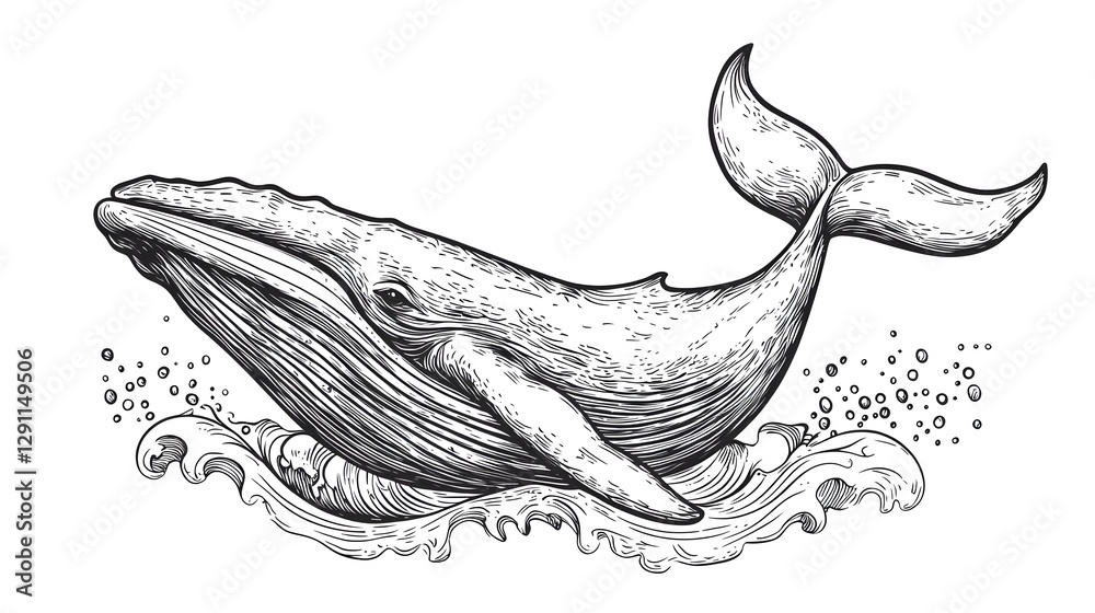 Dramatic Ink Line of a Whale Breaching the Ocean Surface with Striking Wave Textures and High Contrast