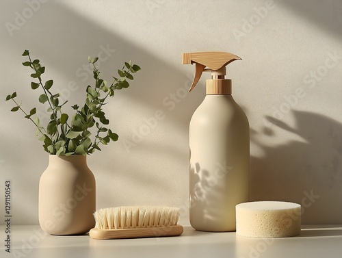Soft sunlight enhances the aesthetic of cleaning supplies and plant decor on a simple surface