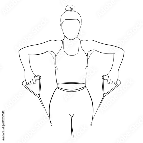 Athletic woman doing exercise on machine to strengthen arm and back muscles, one line drawing on white isolated background