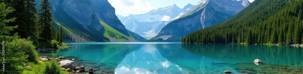 Crystal clear mountain lake surrounded by towering evergreens, panoramic view, scenic, high-angle, shadowy Crystal clear mountain lake surrounded by towering evergreens, panoramic view, scenic, high-angle, shadowy