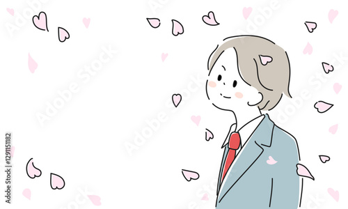 桜吹雪の中のピンクスーツの女性イラストフレーム