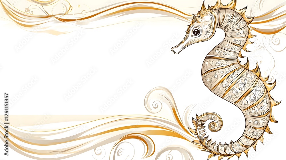 Obraz premium Ethereal seahorse floating in the water depicted in an intricate botanical style with flowing elegant ink lines and a whimsical fantastical aesthetic
