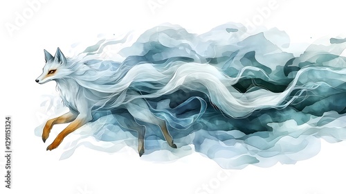 Ethereal of a fox mid stride its tail flowing behind in expressive sumi e style brushstrokes creating a sense of movement energy and mysticism