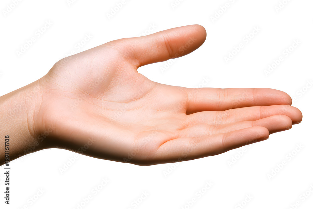 Hand extended outward, showcasing fingers and palm in bright light against a plain background Hand extended outward, showcasing fingers and palm in bright light against a plain background