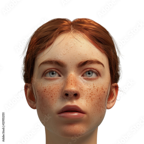 Realistic portrait of young woman with freckles and red hair