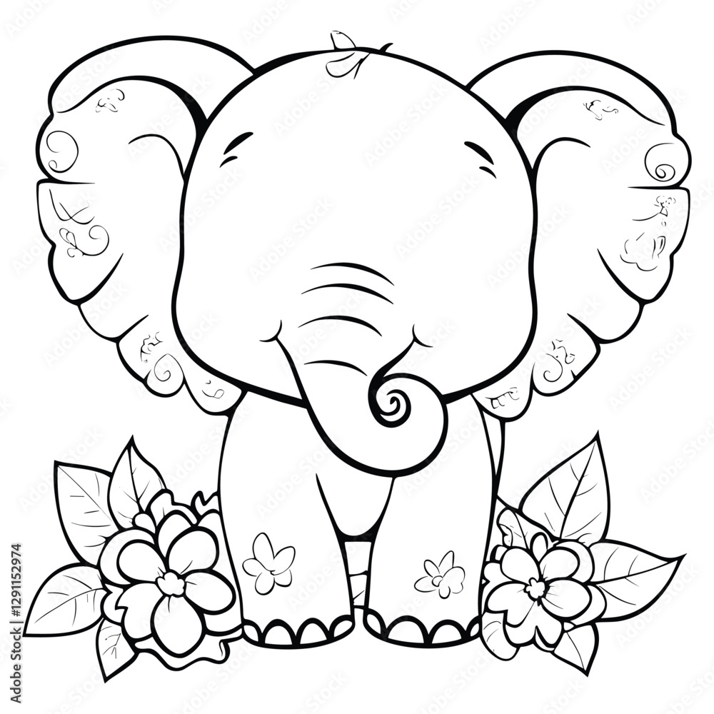 Fototapeta premium Cute Baby Elephant with Flowers - Line Art