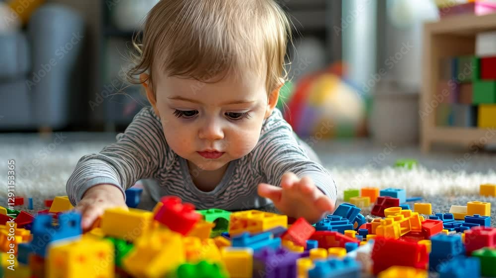 Toddler engages in creative play with colorful plastic blocks in a cozy playroom setting, A toddler is playing with a pile of colorful plastic blocks on the floor Toddler engages in creative play with colorful plastic blocks in a cozy playroom setting, A toddler is playing with a pile of colorful plastic blocks on the floor