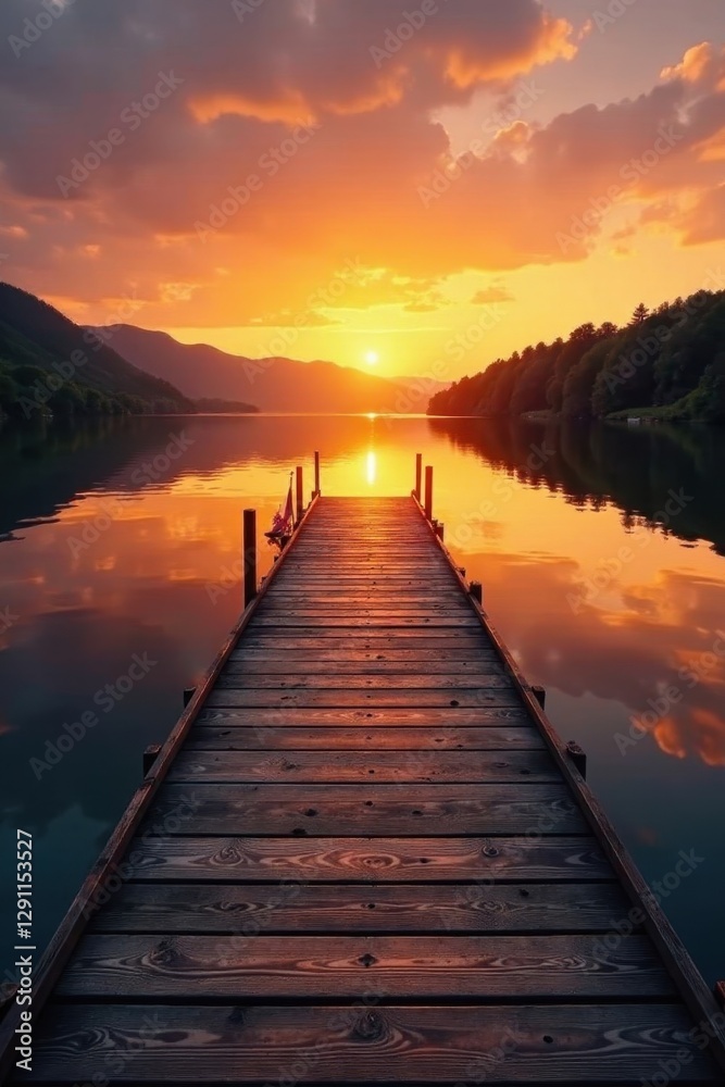 Fototapeta premium Empty wooden dock extends into still river at sunset, orange hues , sunset, evening