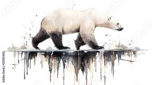 ink drawing of a polar bear walking across a frozen arctic landscape its fur rendered with soft cross hatching and abstract watercolor like textures and splatters creating a moody photo