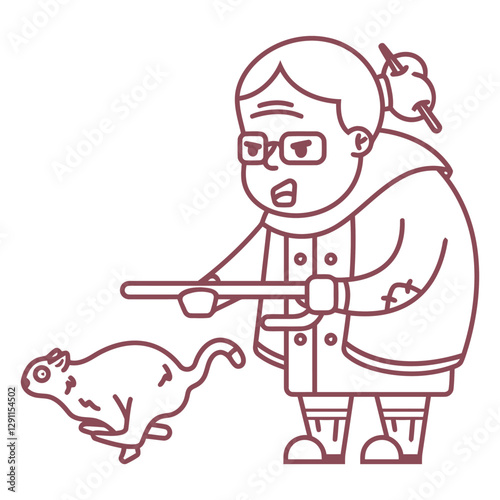 Grandma's Got a New Toy: A humorous illustration of a determined grandmother wielding a fly swatter in a valiant attempt to capture a speedy rodent.