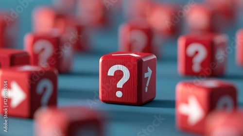 Red dice with question marks on blue background