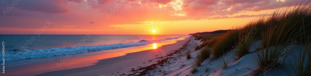 Fototapeta premium Towering dunes, vast Lake Michigan beach New Buffalo sunset , water, bluff