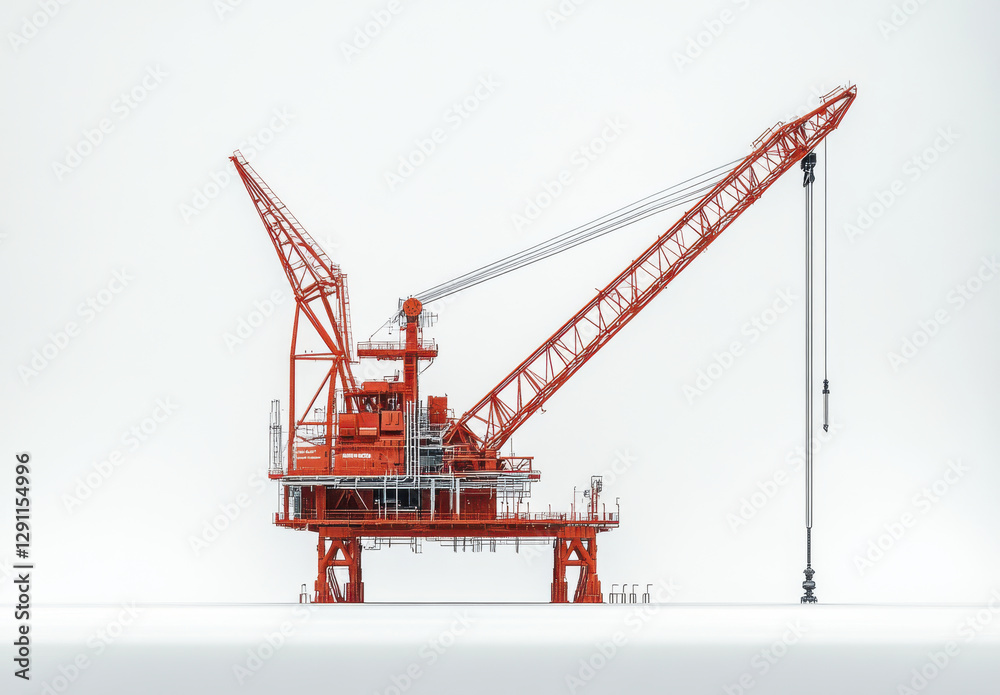 red and white crane stands isolated against white background, showcasing its intricate design and structure. This industrial equipment symbolizes strength and precision in construction red and white crane stands isolated against white background, showcasing its intricate design and structure. This industrial equipment symbolizes strength and precision in construction