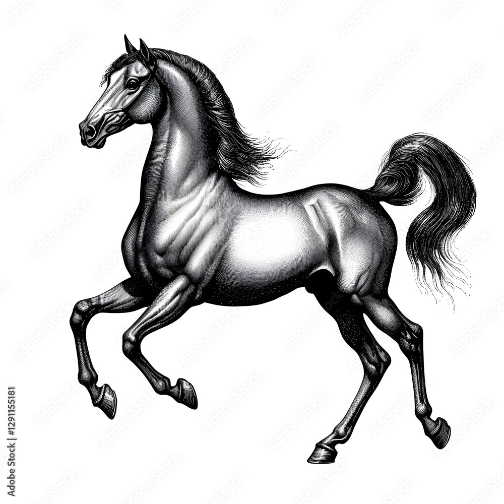 Majestic Rearing Arabian Horse Illustrated in Intricate Woodcut Engraving Style with Fine Linework and Shading Creating a Vintage Etching Effect Isolated on a White Background