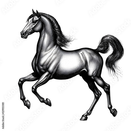 Majestic Rearing Arabian Horse Illustrated in Intricate Woodcut Engraving Style with Fine Linework and Shading Creating a Vintage Etching Effect Isolated on a White Background