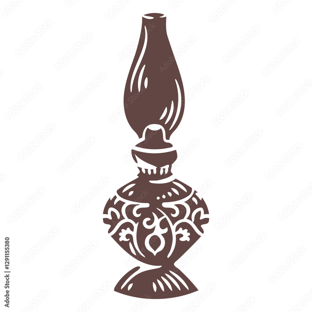 Ornate Oil Lamp Silhouette: A detailed silhouette of an antique oil lamp with an ornate base and a classic teardrop-shaped glass chimney. The design evokes a sense of nostalgia and old-world charm. Ornate Oil Lamp Silhouette: A detailed silhouette of an antique oil lamp with an ornate base and a classic teardrop-shaped glass chimney. The design evokes a sense of nostalgia and old-world charm.