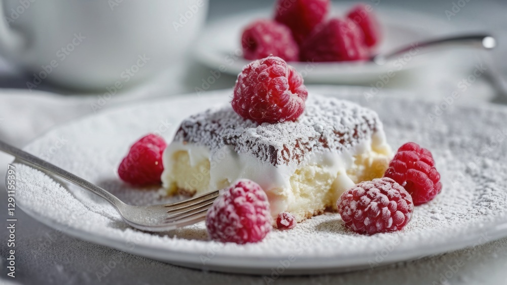 A delectable slice of cheesecake topped with powdered sugar and fresh raspberries on a white plate. The dessert is garnished with more raspberries and sugar dusting, creating an elegant scene A delectable slice of cheesecake topped with powdered sugar and fresh raspberries on a white plate. The dessert is garnished with more raspberries and sugar dusting, creating an elegant scene