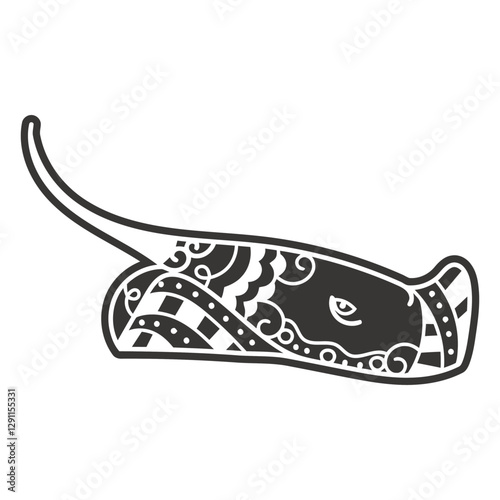 Stingray in Silhouette: A captivating illustration of a stingray, featuring intricate patterns that adorn its graceful form, rendered in a stark yet elegant black and white color scheme.