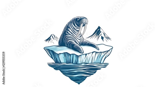 Obraz na płótnie Majestic Walrus Resting on Weathered Iceberg Depicted in a Classic Engraved Style with Textured Wrinkles Tusks and a Serene Contemplative Atmosphere w salonie