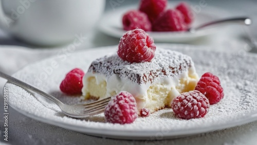 A delectable slice of cheesecake topped with powdered sugar and fresh raspberries on a white plate. The dessert is garnished with more raspberries and sugar dusting, creating an elegant scene