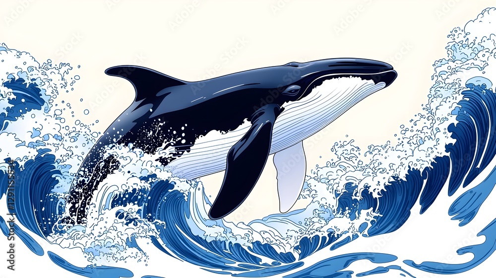 Majestic whale breaching the surface of the dramatic turbulent ocean waves depicted in a high contrast graphic line art style with dynamic textures This powerful