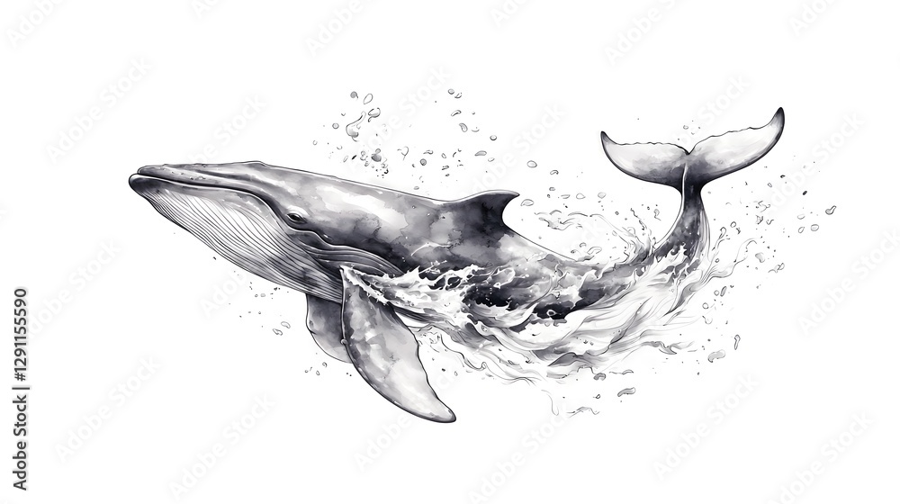 Majestic whale breaching the ocean surface drawn in a high contrast ink line style with dramatic wave textures