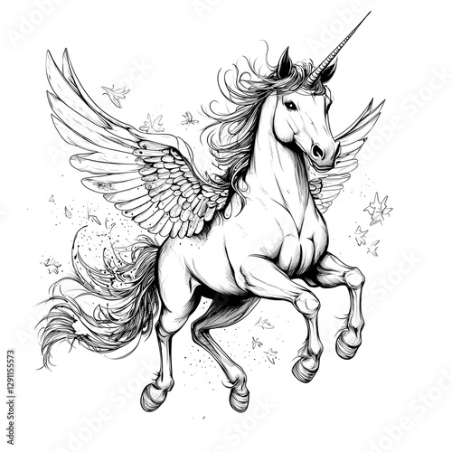 Obraz na płótnie Majestic Winged Pegasus in Graceful Mid Flight Captured in Detailed Cross Hatched with Feathery Textures and Flowing Lines Emphasizing Elegance and Dynamic Movement of the Mythical Creature w salonie