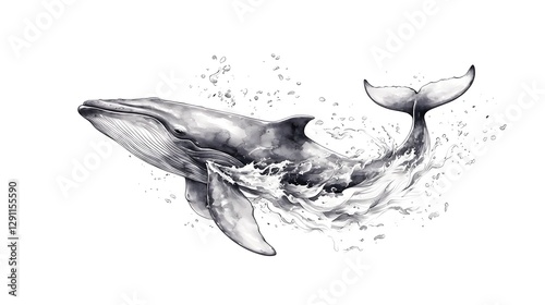Obraz na płótnie Majestic whale breaching the ocean surface drawn in a high contrast ink line style with dramatic wave textures w salonie