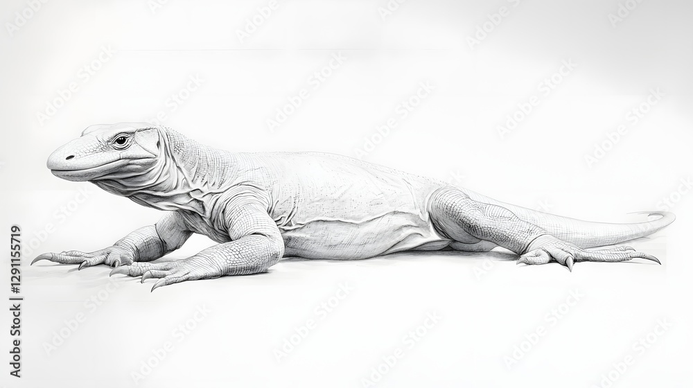 Meticulously Detailed Komodo Dragon Resting in the Sun A Striking Stippled Ink of the Powerful Reptilian Predator Basking in its Natural Habitat