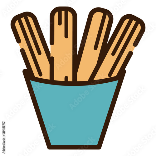 Churros in a Blue Cup: An appealing illustration of golden, crispy churros elegantly arranged inside a charming blue paper cup, invoking a sense of warmth and indulgence.