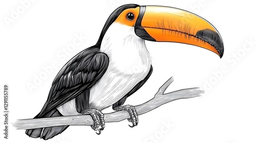 Obraz na płótnie Meticulously Rendered Toucan Bird Perching on Wooden Branch Surrounded by Lush Tropical Foliage Displayed in a Delicate Ink Engraving Style with Subtle Shading and Intricate Details w salonie