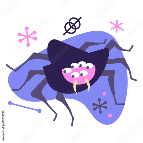 Spider Cartoon: A whimsical illustration of a vibrant cartoon spider, with multiple eyes and intricate details set against a backdrop. 