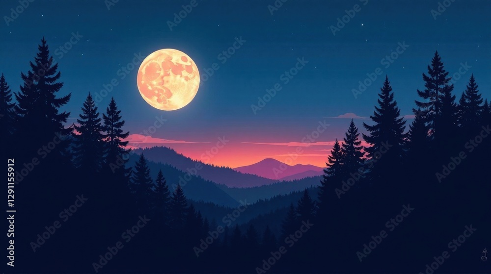 Fototapeta premium Serene Nighttime Landscape Featuring a Large Orange Moon Over Silhouetted Pine Trees and Distant Mountain Range