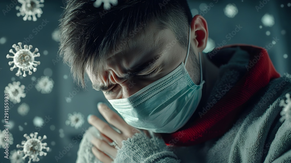 Moody medical depicting a masked patient coughing in golden hour light with floating virus particles surrounding them conveying the concept of illness disease