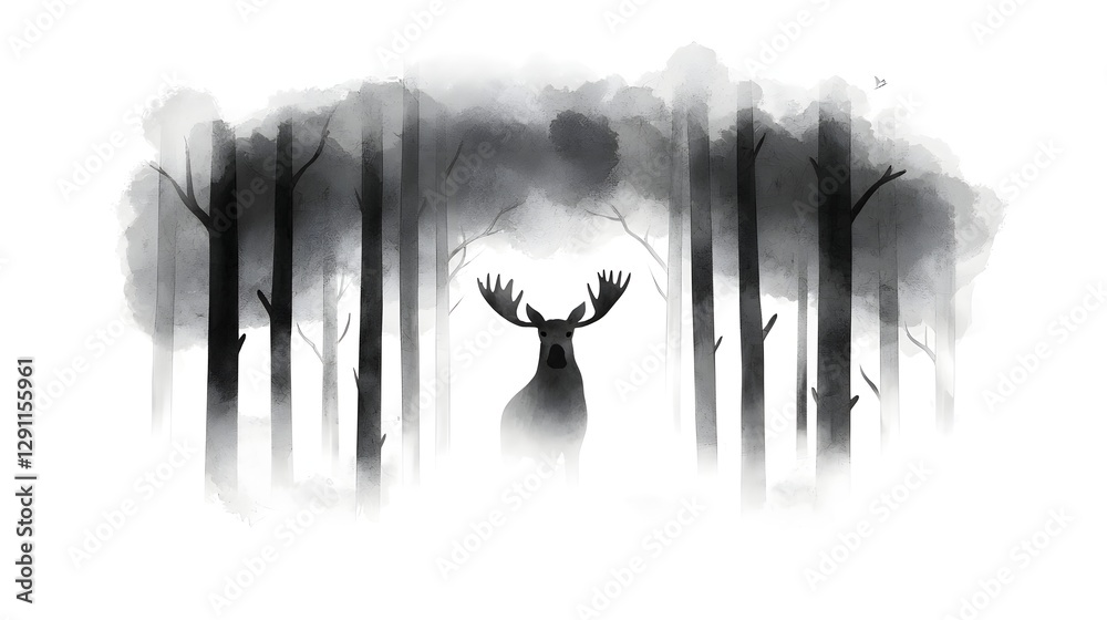 Moose Silhouette in Misty Forest Intricate Ink of Majestic Nature Capturing the Tranquility and Mystery of the Wild Outdoors