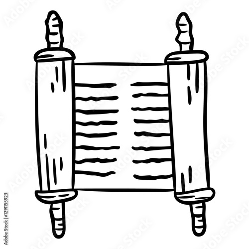 Ancient Scroll: An open parchment scroll with visible text. The image is a line art illustration, emphasizing simplicity and historical context.