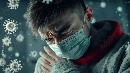 Obraz na płótnie Moody medical depicting a masked patient coughing in golden hour light with floating virus particles surrounding them conveying the concept of illness disease w salonie