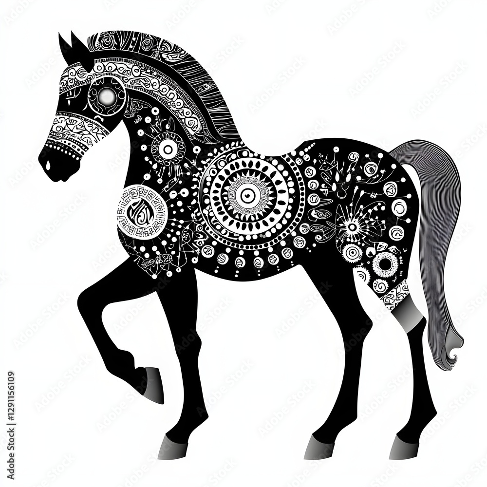 Mystical Celtic warhorse covered in ancient symbols rendered in an elaborate medieval woodcut style