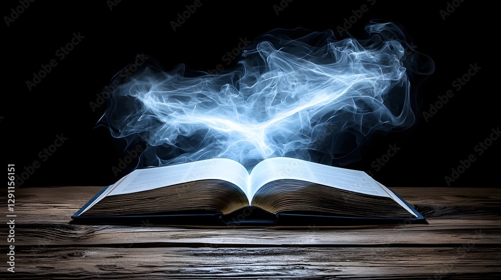 Mystical open book with dynamic floating cybernetic letters against a backdrop of a futuristic digital library showcasing hyper detailed lighting effects and an ethereal atmospheric ambiance