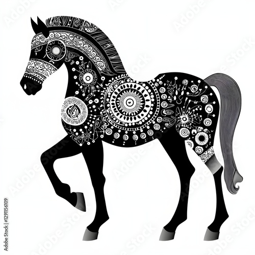 Obraz na płótnie Mystical Celtic warhorse covered in ancient symbols rendered in an elaborate medieval woodcut style w salonie