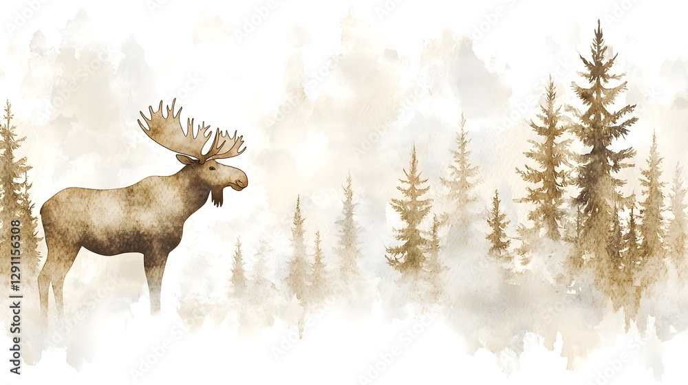 of a Majestic Moose Standing Tall in a Foggy Atmospheric Forest with Detailed Antlers and Textured Fur Created Using a Cross Hatching Technique