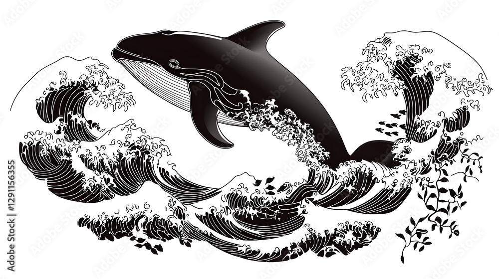 of a majestic whale breaching the ocean surface in a high contrast ink line style with dramatic wave textures and a powerful surreal aesthetic