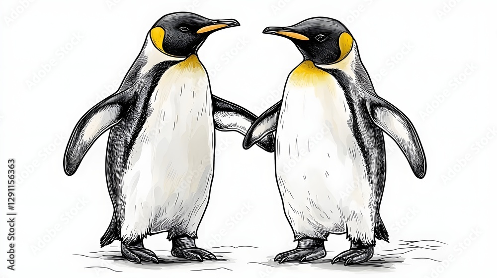 of a pair of penguins waddling together across an icy Arctic landscape depicted in a whimsical fine line engraved style The charming black and white seabirds are shown in a playful natural moment