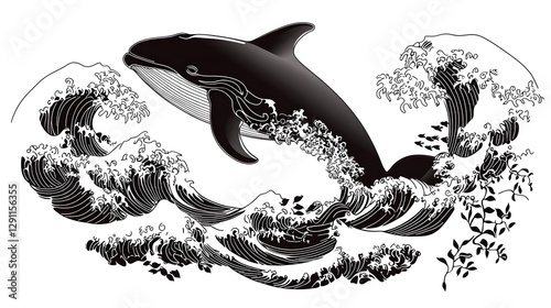 Obraz na płótnie of a majestic whale breaching the ocean surface in a high contrast ink line style with dramatic wave textures and a powerful surreal aesthetic w salonie
