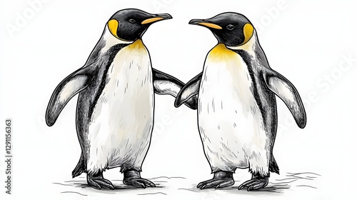 Obraz na płótnie of a pair of penguins waddling together across an icy Arctic landscape depicted in a whimsical fine line engraved style The charming black and white seabirds are shown in a playful natural moment w salonie