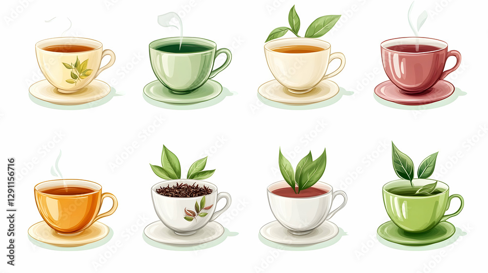 Collection of different teas in cups with tea leaves on a white background Collection of different teas in cups with tea leaves on a white background