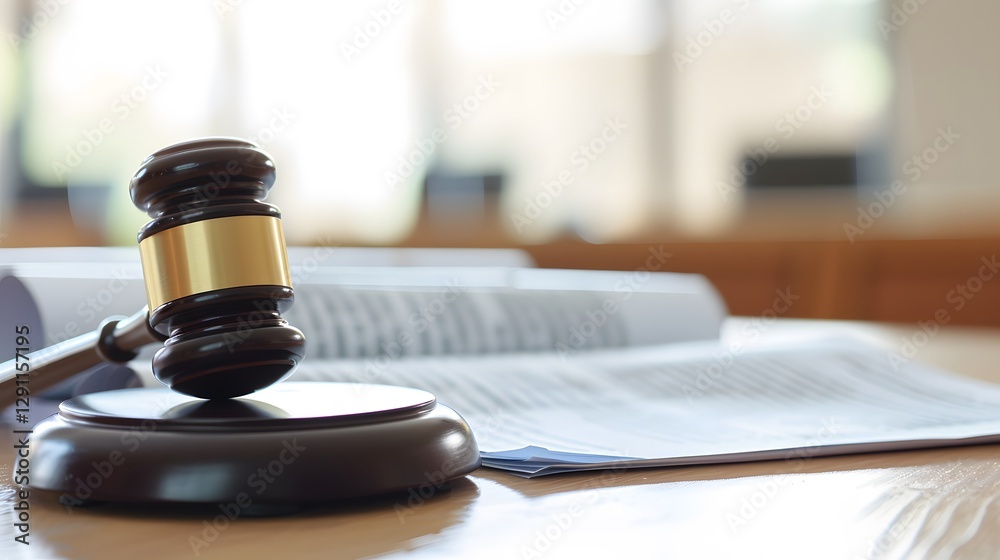 Close-up of a gavel resting on legal documents, symbolizing intellectual property disputes and legal proceedings in a courtroom setting. Close-up of a gavel resting on legal documents, symbolizing intellectual property disputes and legal proceedings in a courtroom setting.