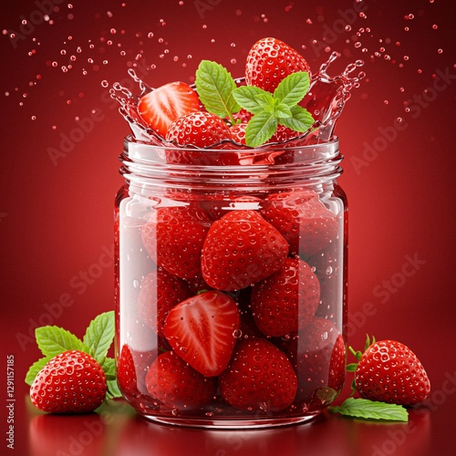 Red Delight: A mason jar filled with ripe strawberries and mint, with a vibrant red background. photo