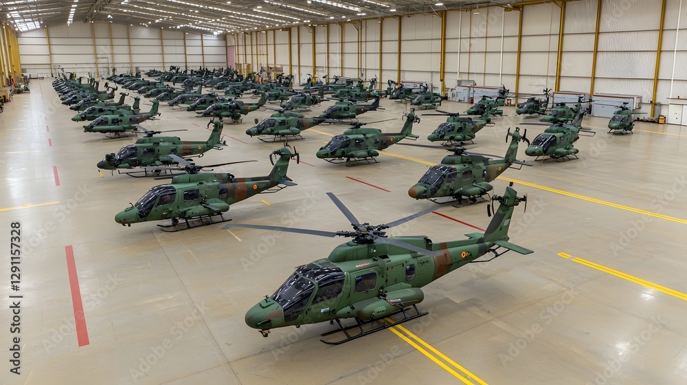 Panoramic shot of a vast aircraft hangar filled with meticulously arranged modern military helicopters showcasing their advanced weapon systems unique rotor detailed airframe structures